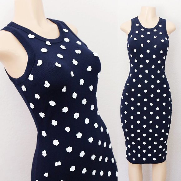 Michael Kors Navy Blue White Sequins Floral Rosette Embellished Knit Midi Dress - Picture 5 of 16